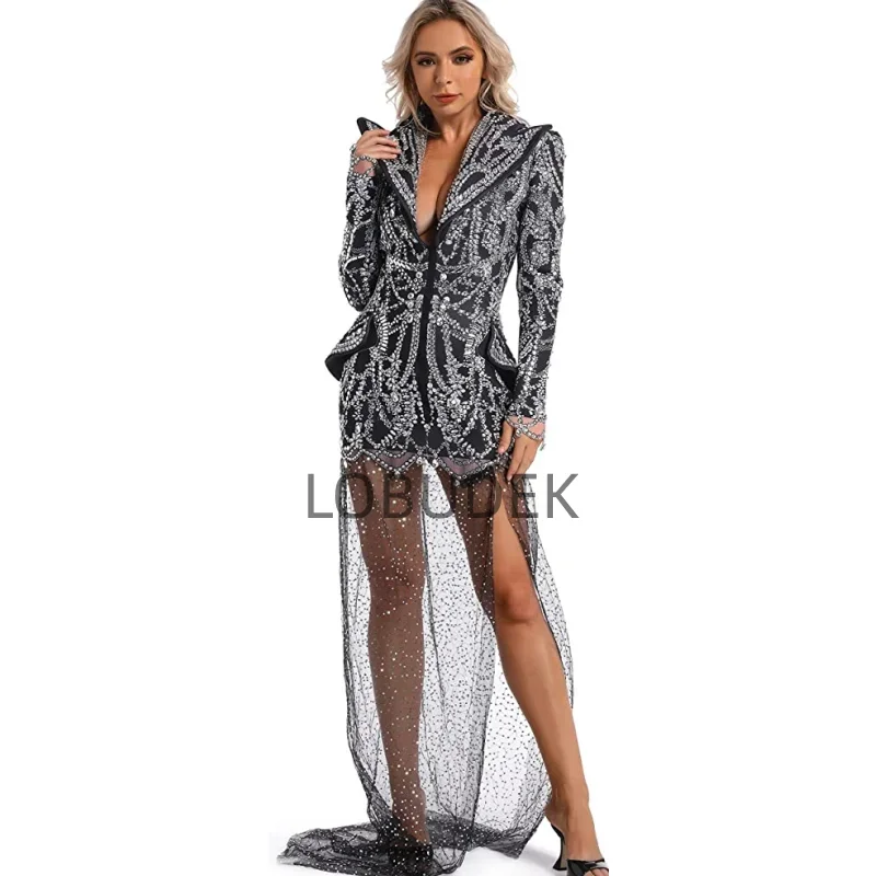 Diamond Blazers Dress Women Elegant Printed Rhinestones Mesh Tailing Slim Coat Bar Singer Stage Costume Birthday Crystal Dress