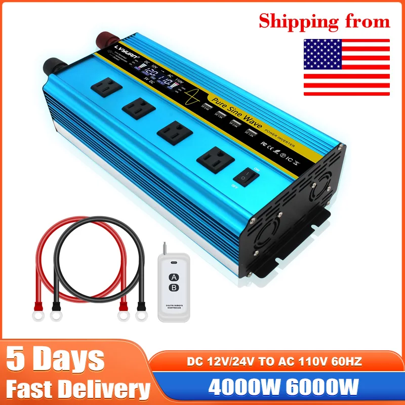 4000W/6000W Pure Sine Wave Inverter 12V 220V DC 12v/24v To AC 110v Voltage Converter Car Solar Power Inverter