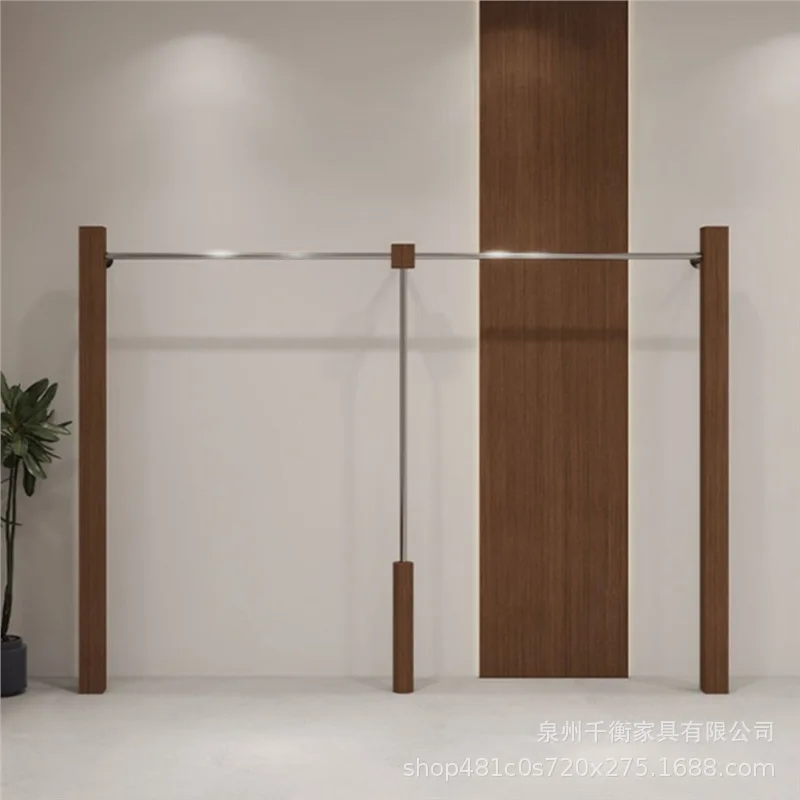 Walnut clothing store display rack on the wall Floor-to-ceiling hanger Walnut stainless steel women's clothing store shelf again