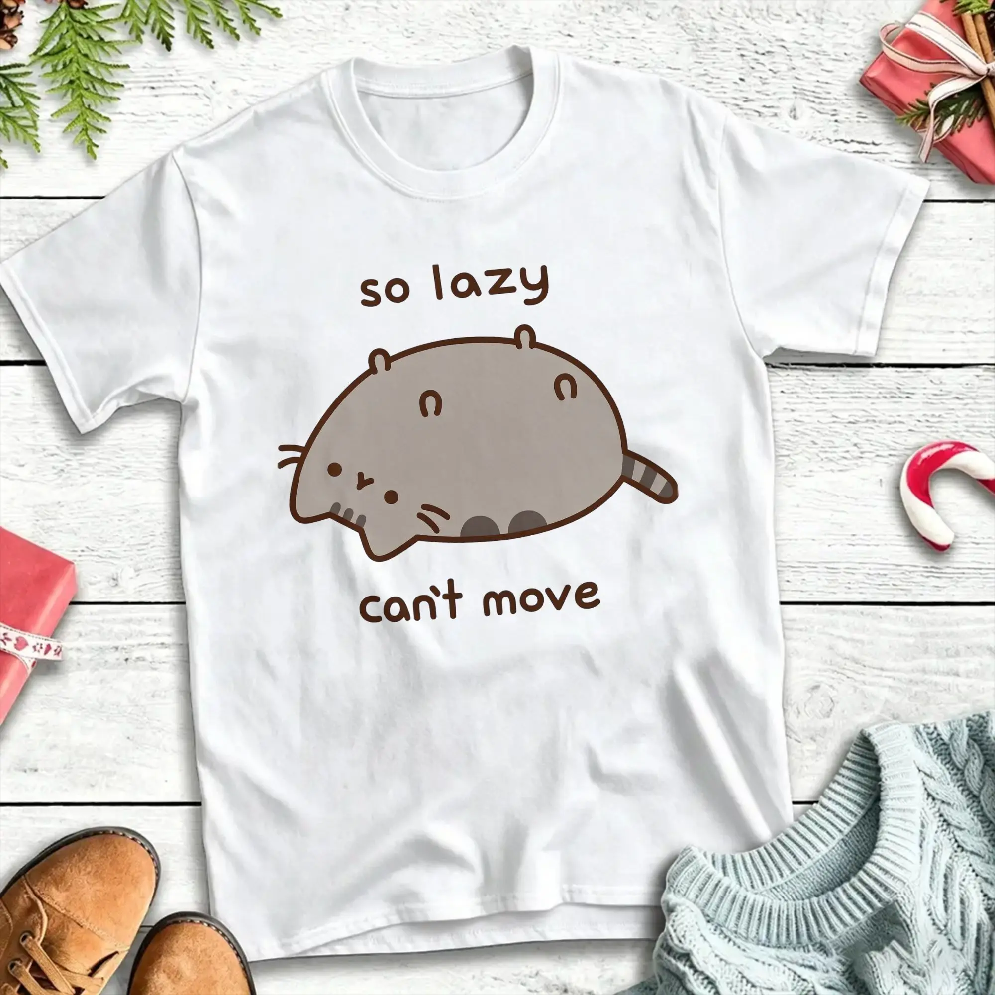 Футболка P-pusheen So Lazy Can't Move из хлопка для мужчин, летняя, стильная, трендовая, оверсайз, с возможностью нанесения логотипа