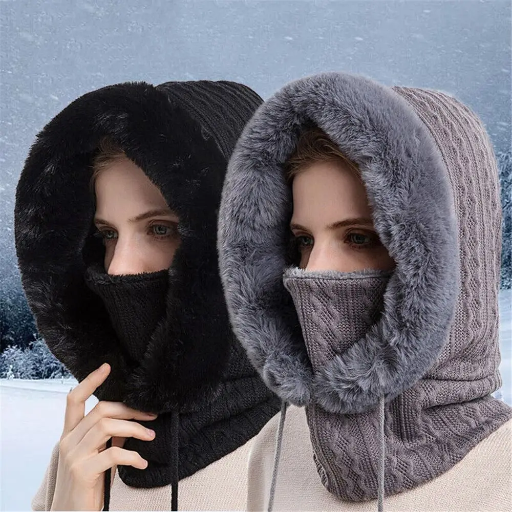 

Winter Fur Cap Mask Set Hooded for Women Knitted Cashmere Neck Warm Balaclava Ski Windproof Hat Thick Plush Fluffy Beanies hood