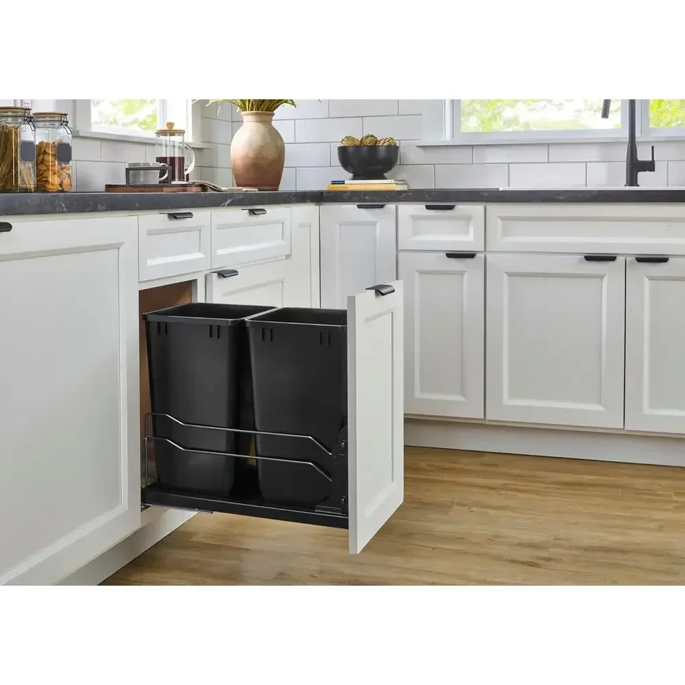 Double Pullout Kitchen Trash Cans with Soft-Close Slides, 15 Base Cabinet, Black