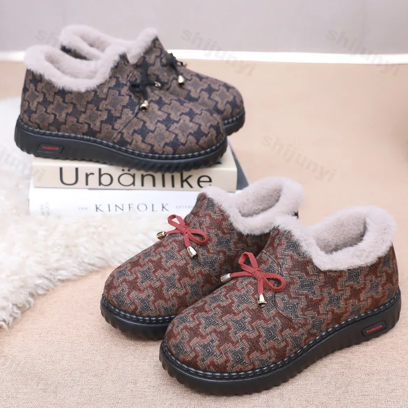 Fashion Bow Knot Women's Warm Shoes Winter New Outdoor Non Slip Platform Cotton Shoes Comfort Height Increase Plush Casual Shoes