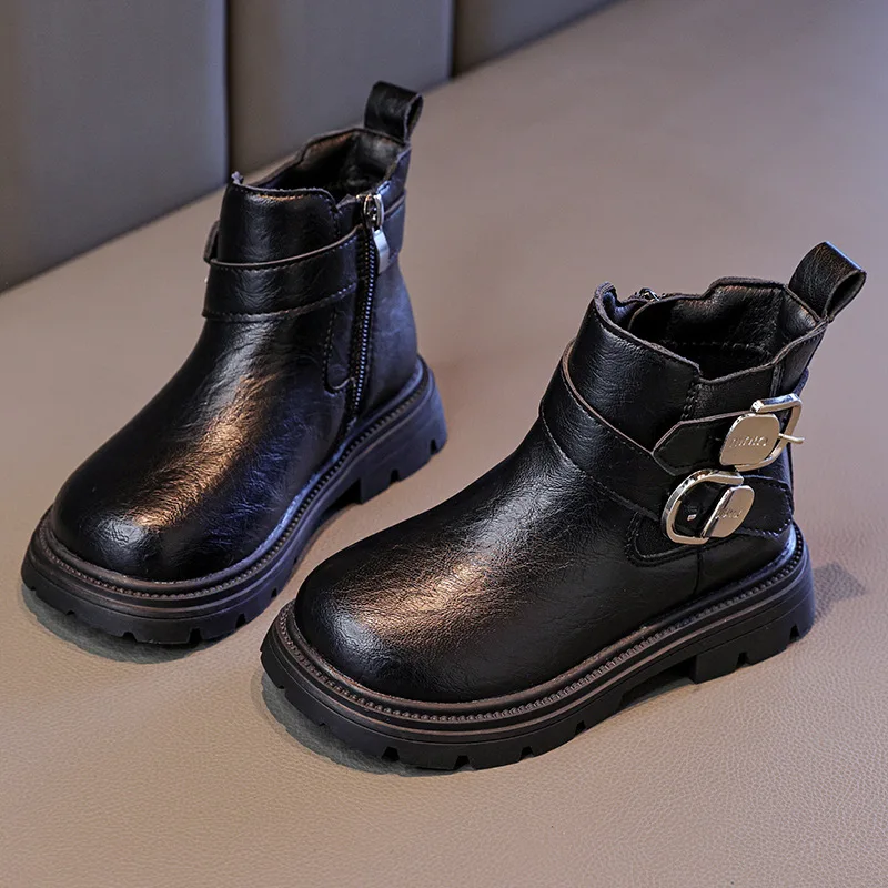 Leather Boots for Kids Autumn Winter British Mid Length Single Boot for Little Girls Fashionable Short Boots for Children 26-36