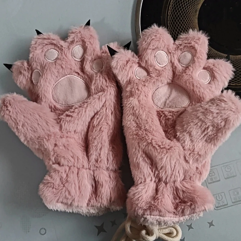 Rękawiczki pluszowe w kształcie łap misia/kota, urocze, zimowe, grube, ocieplane, przyjazne dla skóry, idealne na prezent dla uczennic, do zawieszenia na szyi.