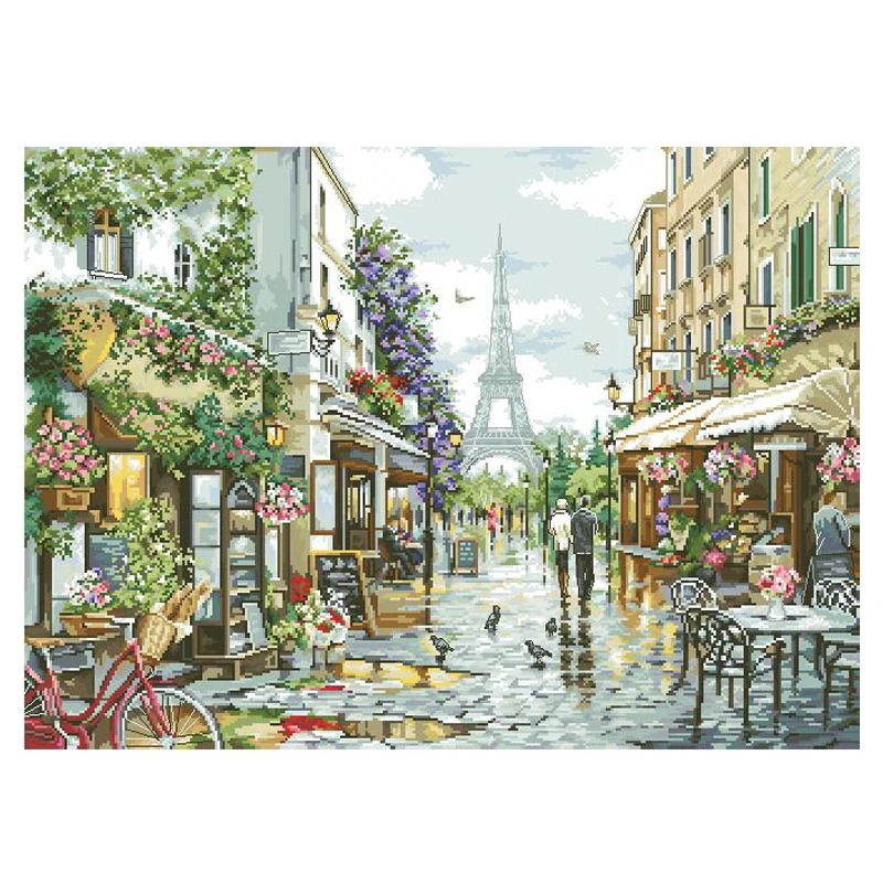 Gold Collection Counted Cross Stitch Kit Blooming Paris Eiffel Tower Flower Street Coffee Shop Luca-S_2365