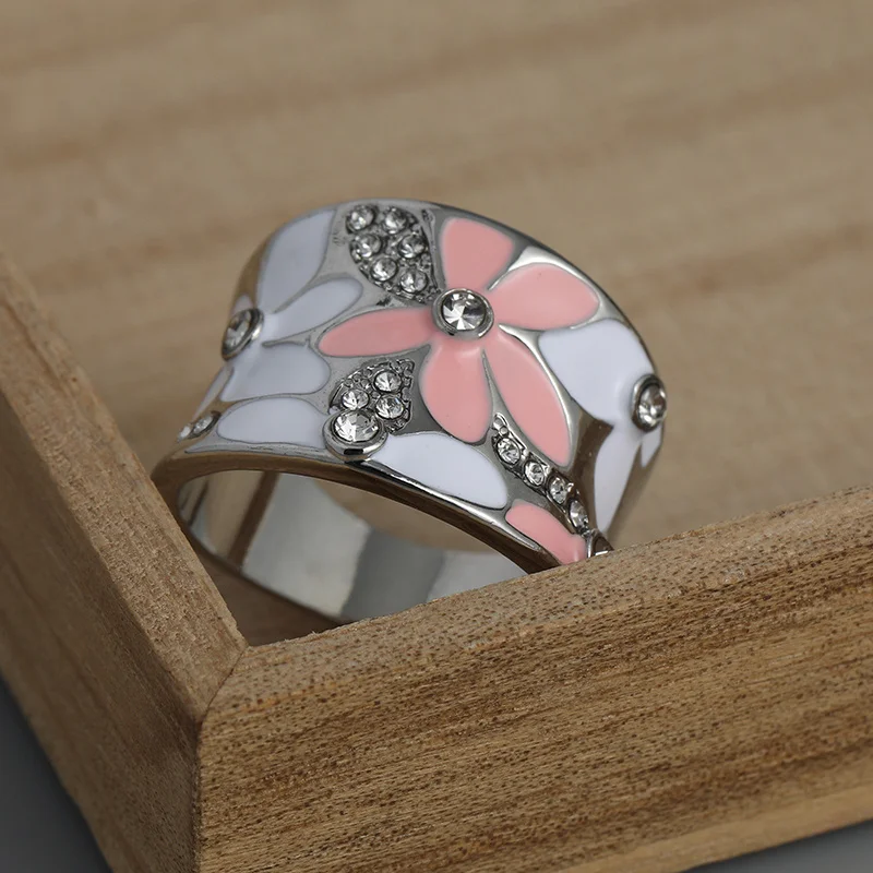 Aesthetic Enamel Flower Finger Ring for Women Wedding Party New 2023 Ring Silver Color Luxury Cubic Zirconia Jewelry Gift