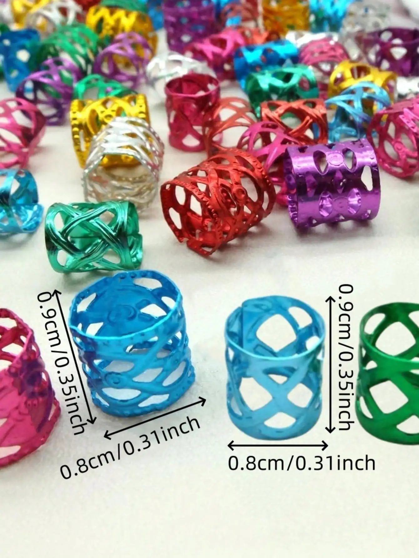 100 Stück mehrfarbige Ringe, Dreadlocks-Perlen für Frauen und Mädchen, geflochtene Haardekoration, bunter Aluminiumring, verstellbare Metallmanschette – Detail 9