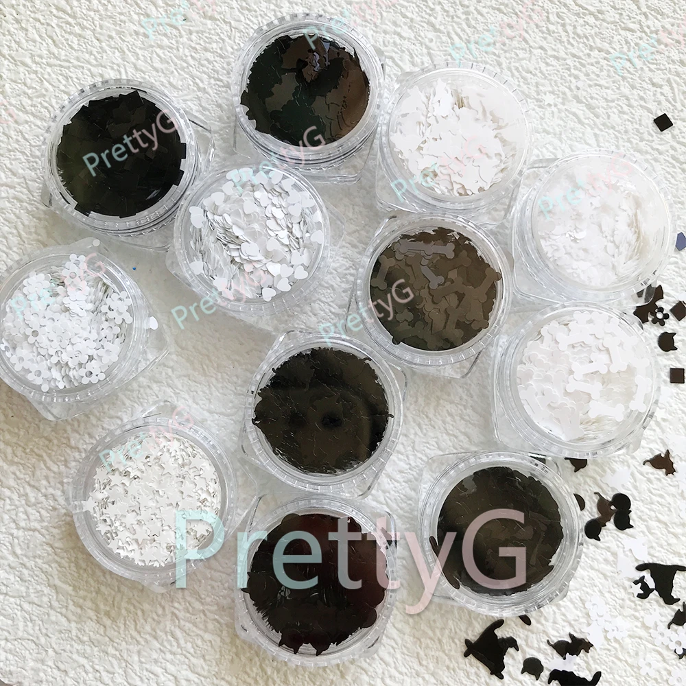 PrettyG 12-Farben-Set für Halloween, glitzernde Form, Skelett, Fledermaus, Katzenknochen, Hexenhut, glitzernde Pailletten für DIY-Gel-Nagelkunst-Dekoration