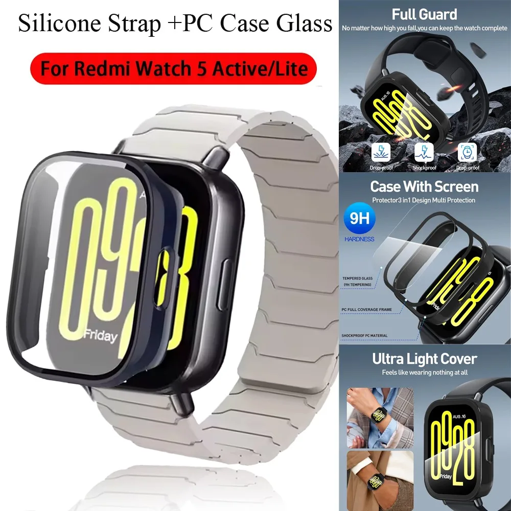 Silikonarmband + PC-Gehäuse mit Glas für Redmi Watch 5 Active 5 Lite, Displayschutzfolie, Stoßfänger + magnetisches Uhrenarmband, komfortabel, austauschbar