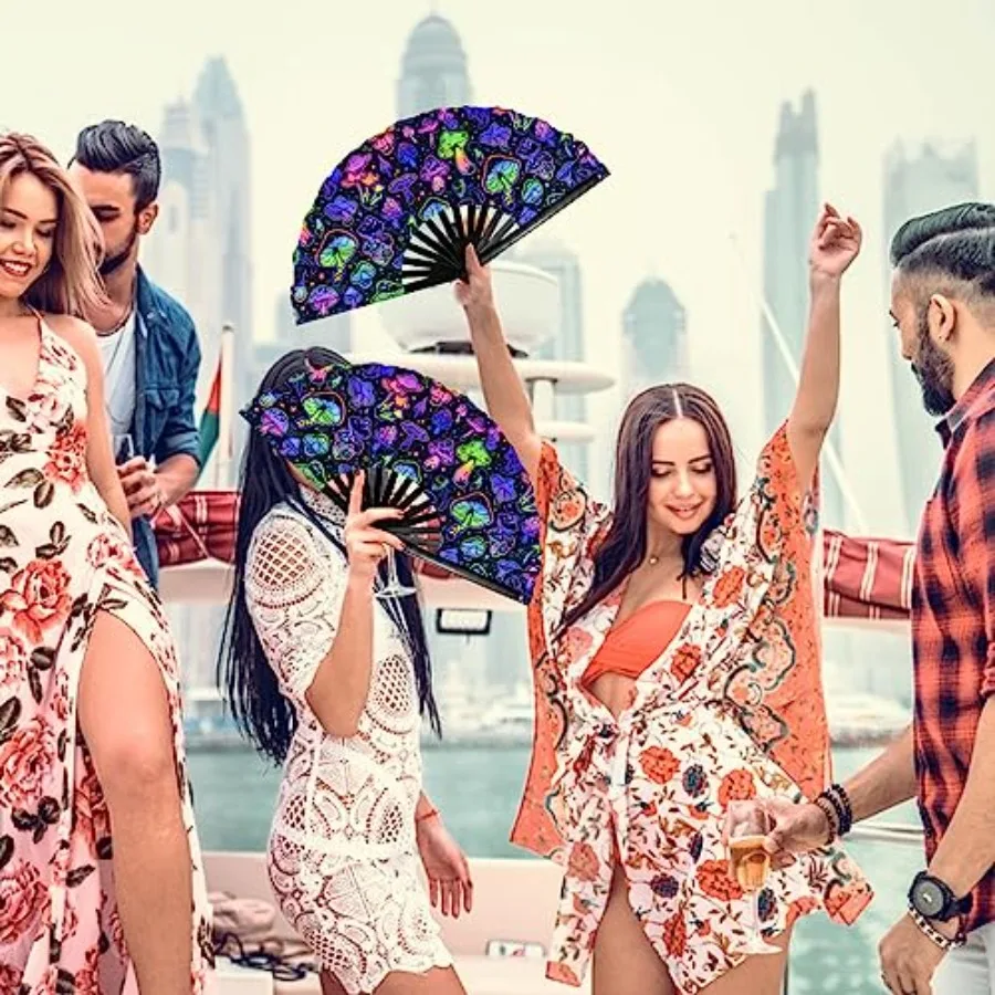Rave Folding Fan, Large Clack Hand Fan UV Glow Festival Popping Handheld Foldable Silk Fan Rave Outfit Accessories for Women Me