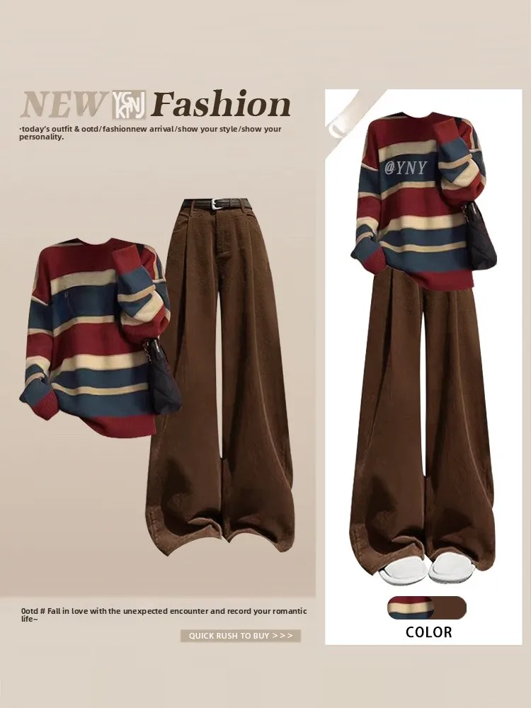 Retro Autumn Winter Women's Knitwear Set with Stripe Design High Waist Straight Leg Jeans Two Piece Suit Casual Fashion Outfit