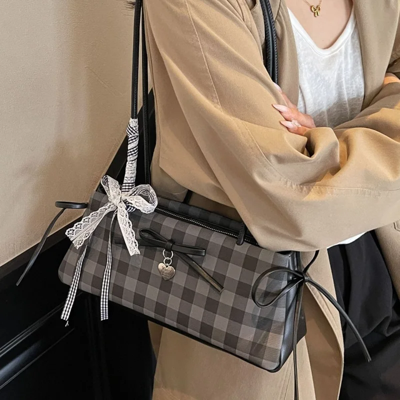 

Exquisite High-grade Square Bag New Elegant Bow Ribbon Handbag Fashionable Hot-selling Plaid Contrast Color Design Shoulder Bags