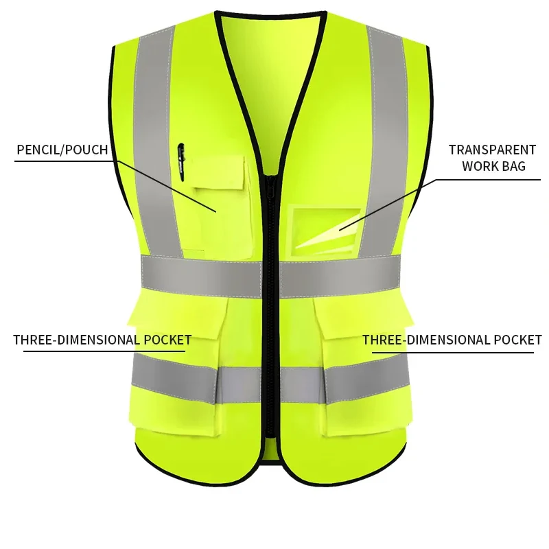 High Visibility Black Safety Vest With Zipper Logo Customized Work Wear Black Safety Vest Reflective