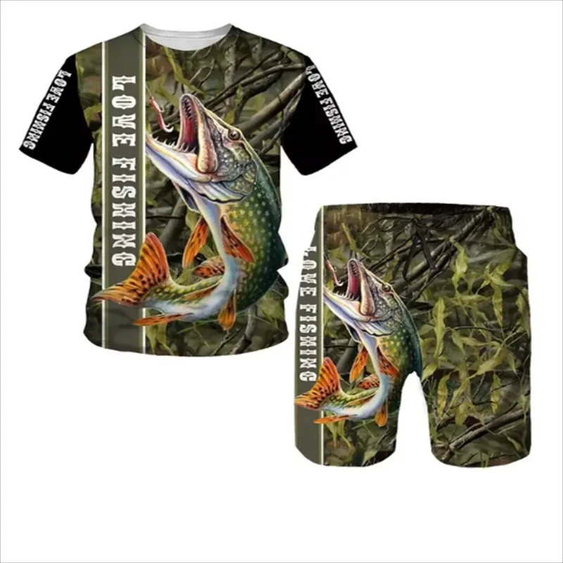 2025 3D Printed Round Neck T-shirt Fashion Loose Sports Men's Outdoor Fishing Shorts 2-piece Set