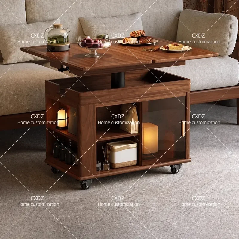 Walnut Lifting Coffee Table with Wheels Antique Style Movable Sofa Side Table Multi-functional Folding Trolley for Living
