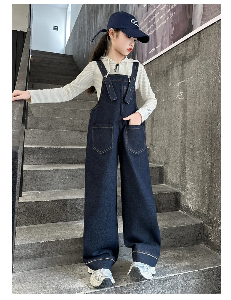Kinder Vintage Dunkelblauer Denim-Overall für Mädchen, Modischer Jumpsuit, High-Street-Oberbekleidung, Kinder-Teenager-Latzhose mit Trägern, Größe 5-14 – Detail 8
