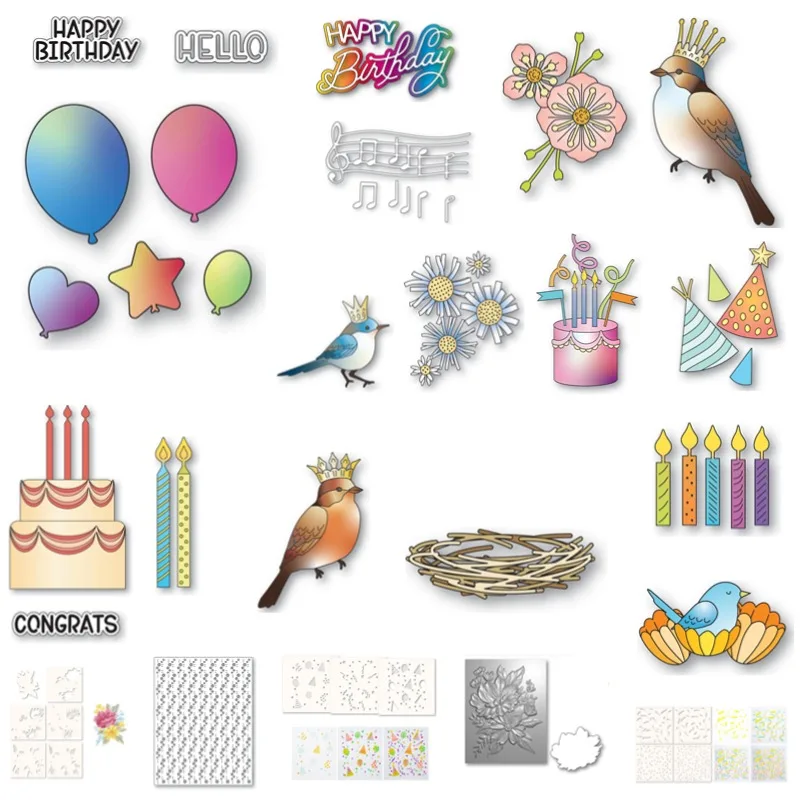 Nest Blue Bird Prince Happy Birthday Cake Balloons Metal Cutting Dies Silicone Stamps Scrapbooking Stencil Photo Album Card DIY