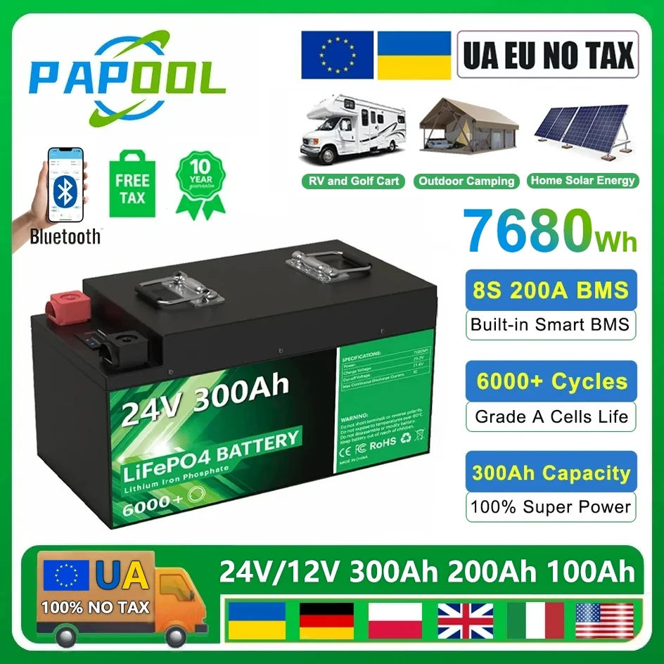 LiFePO4 24V 300Ah 200Ah 12V 100Ah 140Ah Battery Pack 25.6V 7680Wh Grade A 6000+ Cycles RV Golf Cart Boat Solar Battery EU NO TAX 