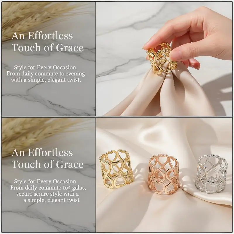 1/4Pcs Alloy Circle Scarves Brooch Pins Metal Heart Hollow Out Silk Scarf Buckle Ring Clips For Women Girls Clothing Accessories view 4