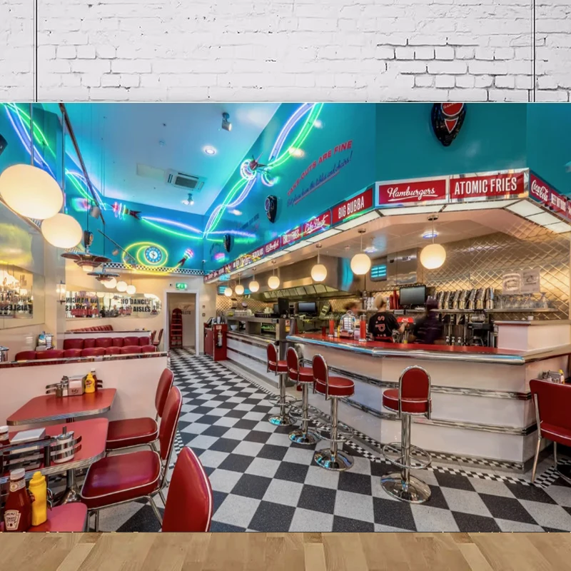 

50s Retro Restaurant Photography Backdrop Soda Shop Meal Time Music Prom Background Banner Child Birthday Party Shower Decor