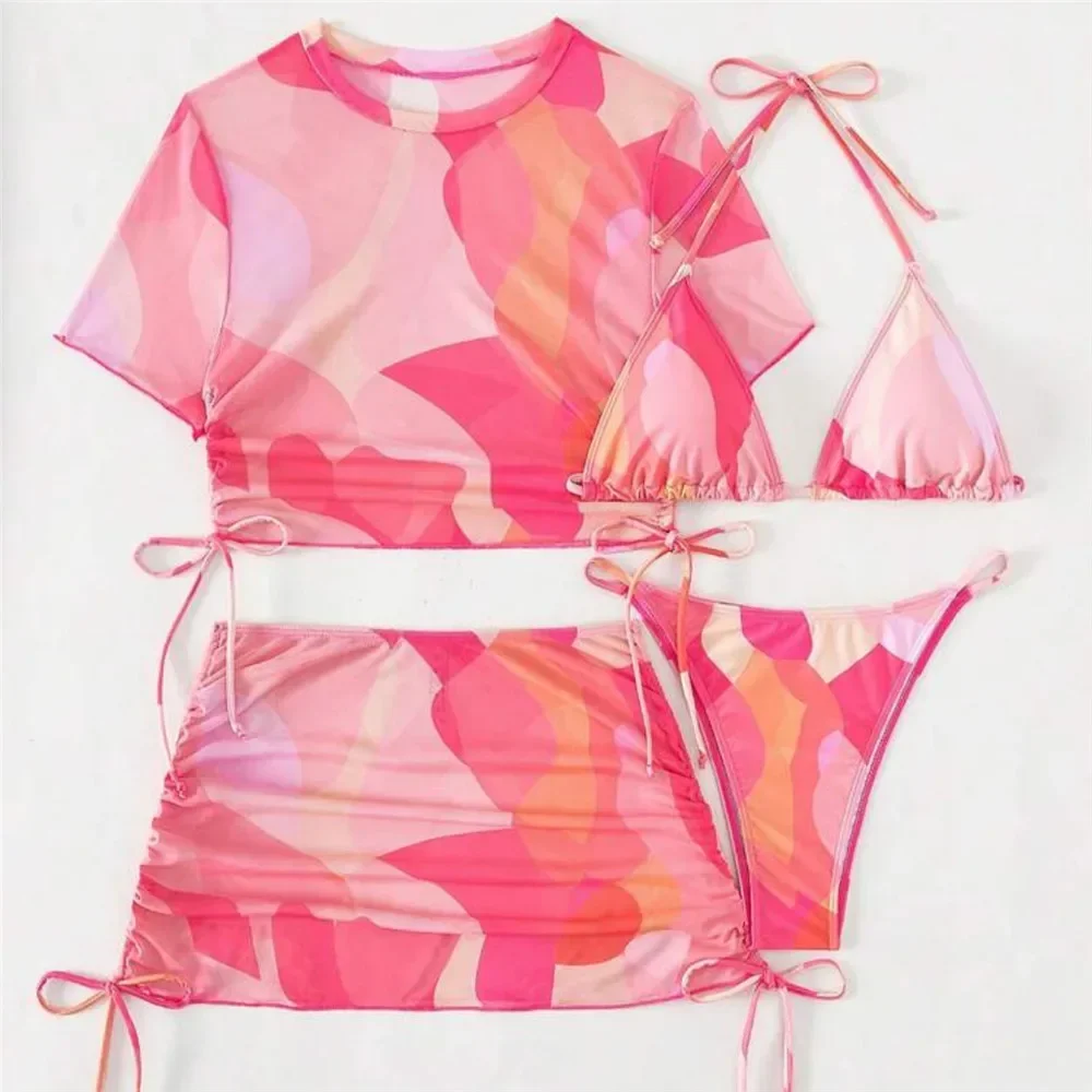 Pink Tie Dye Print 4 Piece Bikinis Sets Swimwear Cover Up Mesh Tops Skirts Sexy Swimsuit Women String Halter Bikini Beach Wear