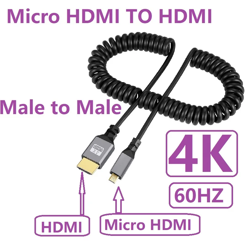 4K 60HZ HDMI Cable 0.5-2.4M MINI/Micro HDMI-compatible TO HDMI Coiled Extension Flexible Spiral Cable Male to Male Plug Cable