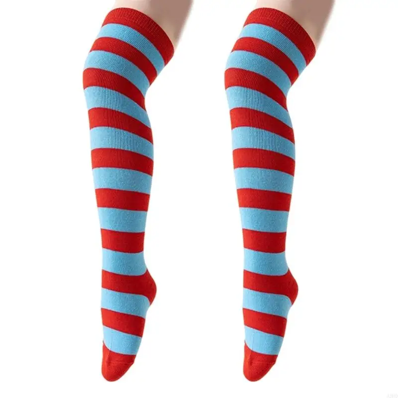 J2HD Girls Elastic Over Knees Socks Breathable Striped Design for Daily Outdoor Use