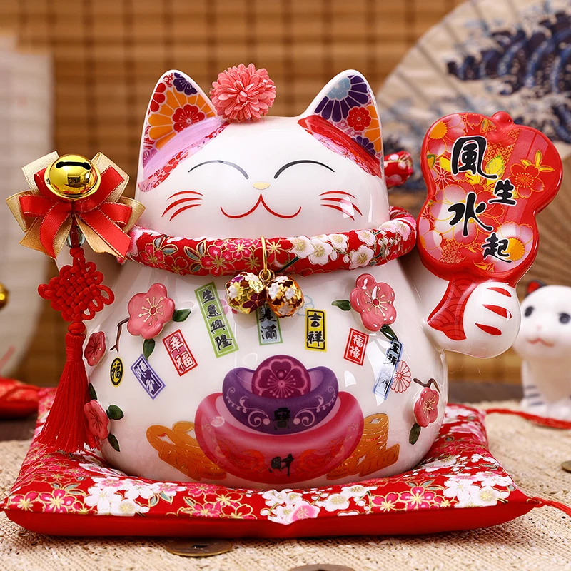 9 Inch Ceramic Fortune Lucky Cat Maneki Neko Ornament Home Decoration Gift Feng Shui Piggy Bank Centerpiece