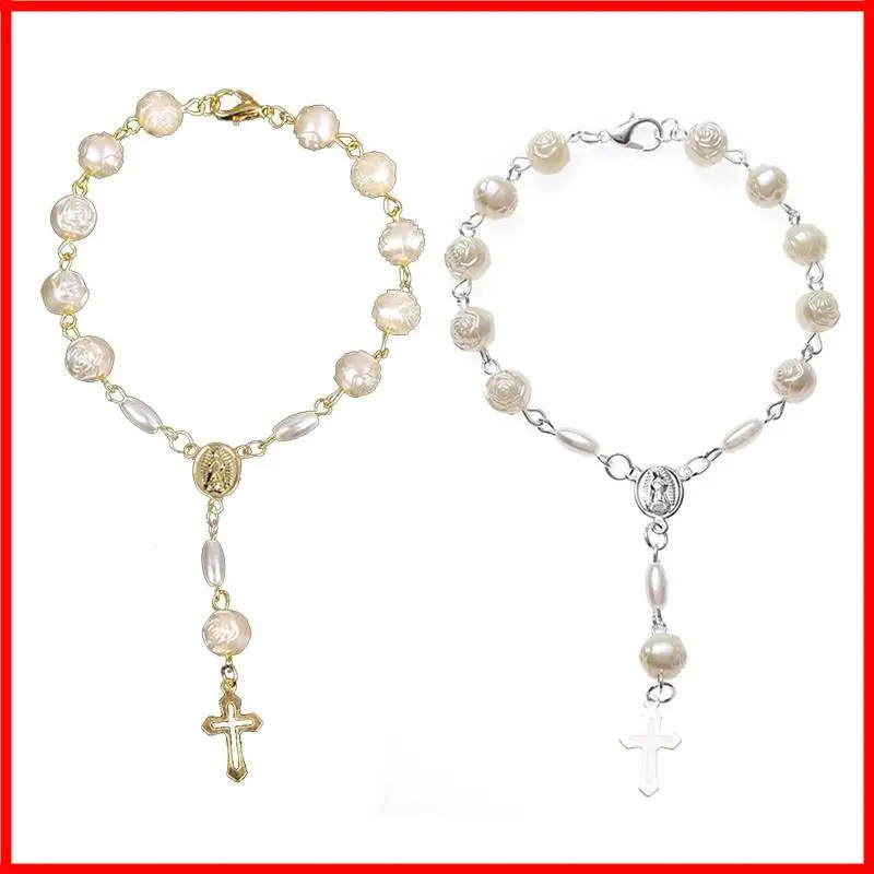 3XUA Beaded Rosary Bracelet Christ Jesus Pendant Anniversary Jewelry Gift For Women
