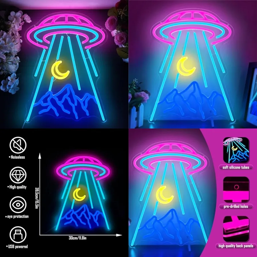 

UFO Neon Sign for Wall Decor Alien Spaceship Mountain Neon Sign Dimmable Moon LED Neon Light Signs Light Up Sign for Bedroom Sp