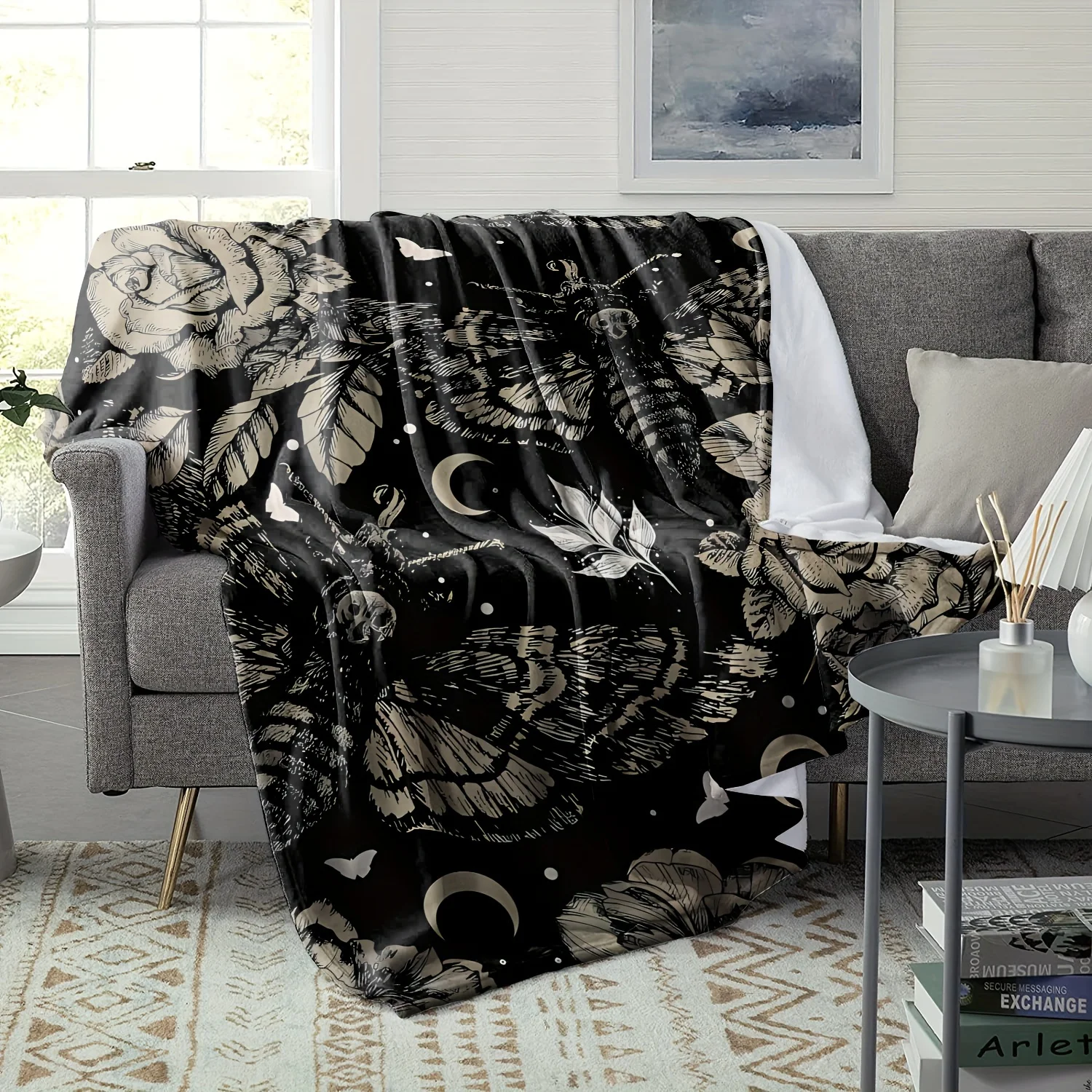 Gothic Insect & Flower Black Print Art Blanket - Soft All-Season Multi-Purpose Throw for Sofa, Bed, Chair, Nap & Holiday Gift