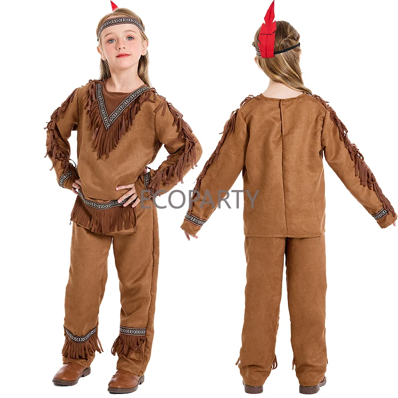 2024 Meisjes Jongens Wilde Man Halloween Cosplay Kostuum Indianen Carnaval Feest Jager Rollenspel Outfit Kids Unisex Fancy Dress Up