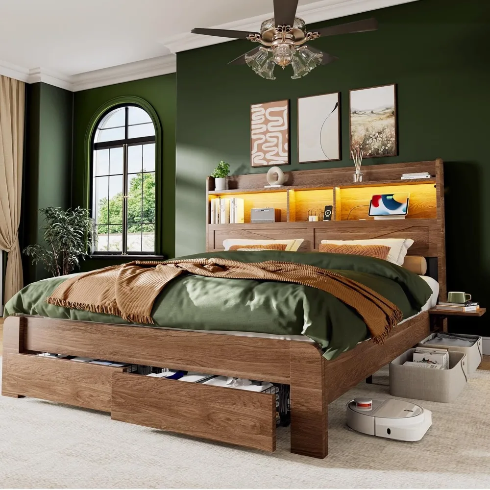 

Queen Bed Frame with 2-Tier Storage Headboard, LED Lights, Charging Station, 2 Drawers, 900lbs Capacity, Customized