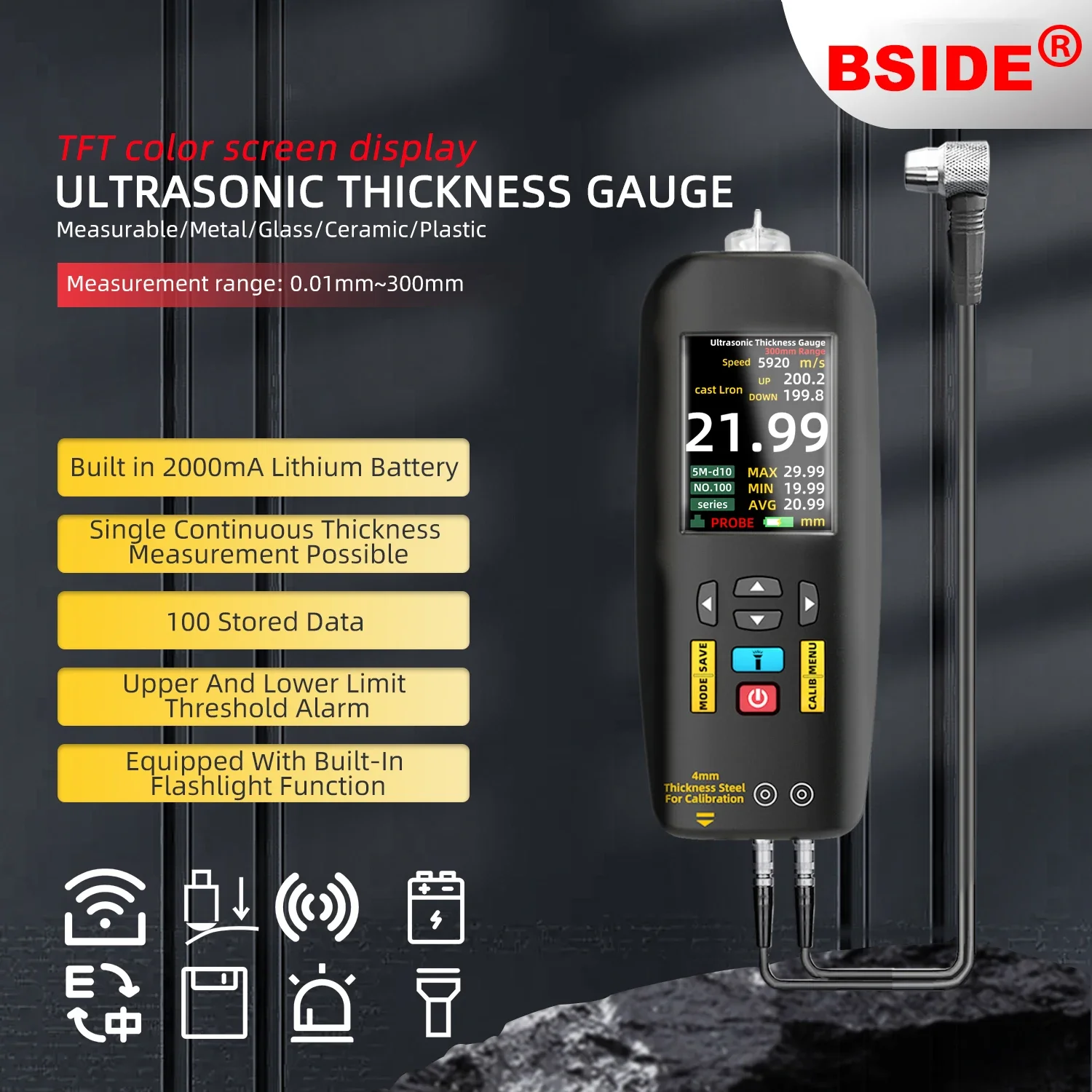 BSIDE T7 Digital Ultrasonic Thickness Gauge 0.01~300mm Metal Steel Pipe Wall Steel Glass Thickness Gauge Tester Rechargeable New