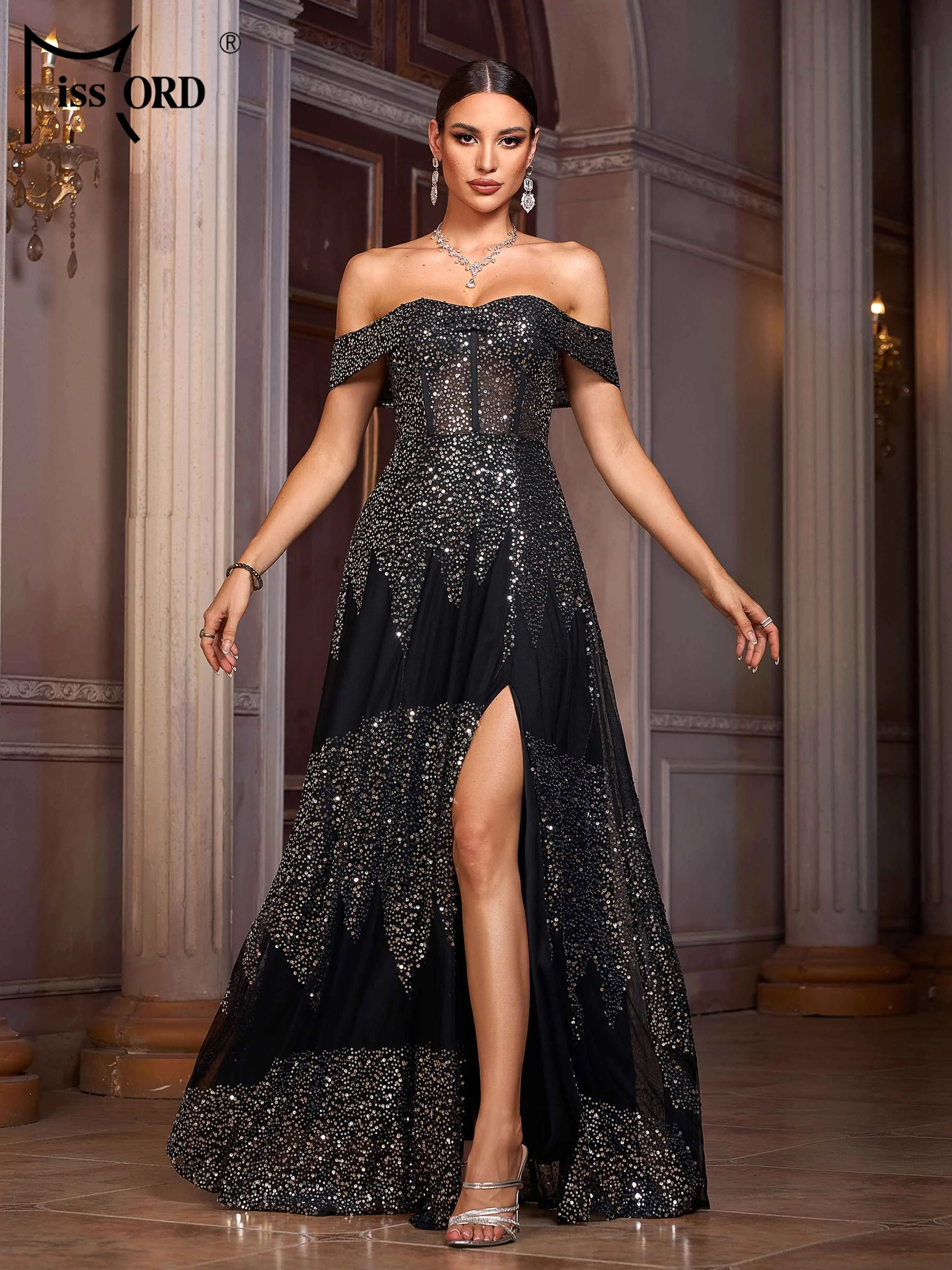 

Missord New 2025 Church Off Shoulder Sequin Split Evening Gown Wedding Birthday Party Elegant Beautiful Women's Perform Dress