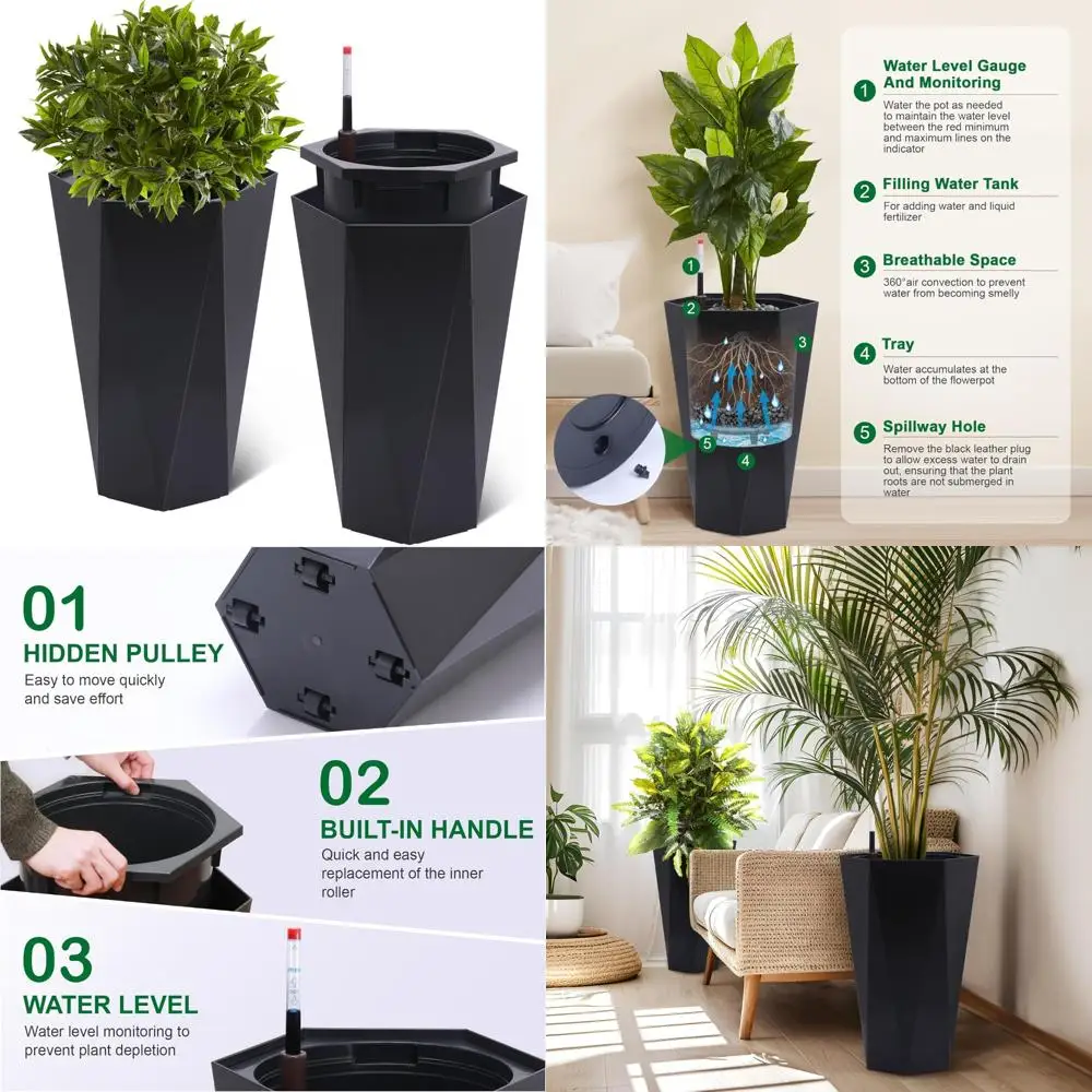 

Self-Watering Outdoor Planters Set of 2, 23 Inch Tall Pots with Water Level Indicator, Drainage, and Wheels for Indoor and Outdo