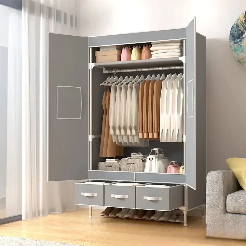 

2024 Internet celebrity simple fabric wardrobe, door opening type household fabric wardrobe with 3 storage boxes, Storage locker