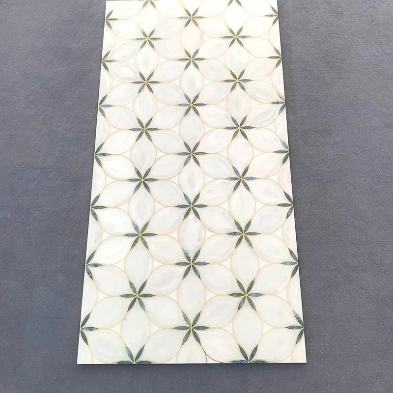 Elastic gold wire polished floral pattern gold vein white marble appearance ceramic waterjet tile