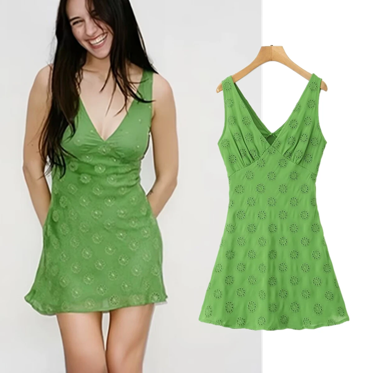 Jenny & Dave V-Ausschnitt für Sommer Französisch Vintage Tank Kleid Frauen bestickt grün Mini kleid