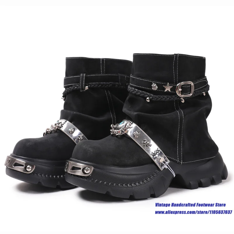 Women Gothic Platform Combat Ankle Boots Punk Metal Skull Star Buckle Chain Decor Chunky Thick Sole Autumn/winter Boots