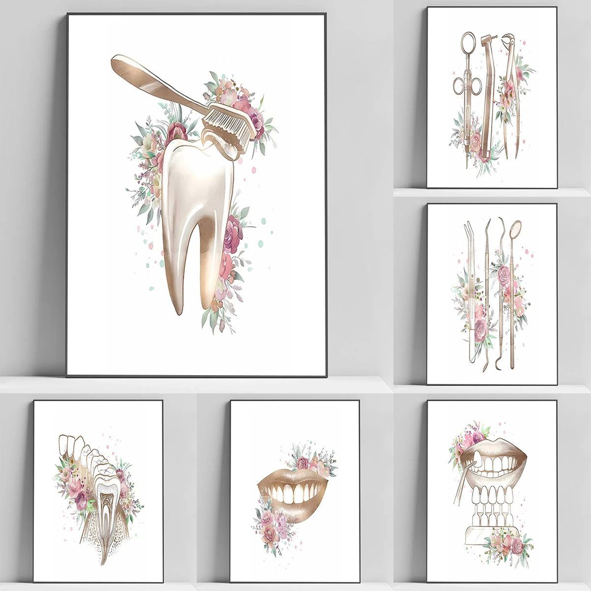 

Teeth Anatomy Art Floral Painting, Watercolor Dentistry Posters, Wall Photos for Dental Clinic Decor, Oral Health Art Poster