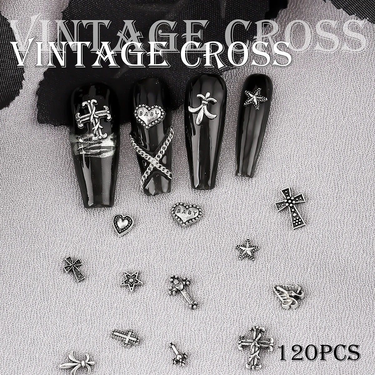 120 pcs / 1 box European American dark vintage style cross nail art patch y2k Premium Metal Style Heart Nail Metal Decorment Set