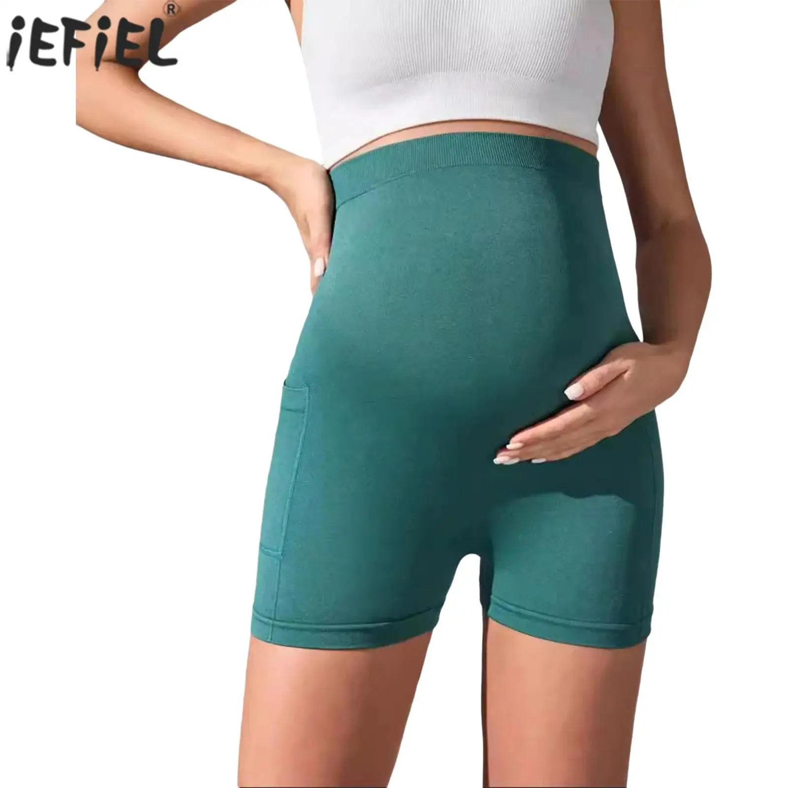 

Womens Maternity Yoga Shorts High Waist Over The Belly Pregnancy Gym Workout Athletic Pilates Shorts with Pockets Casual Wear