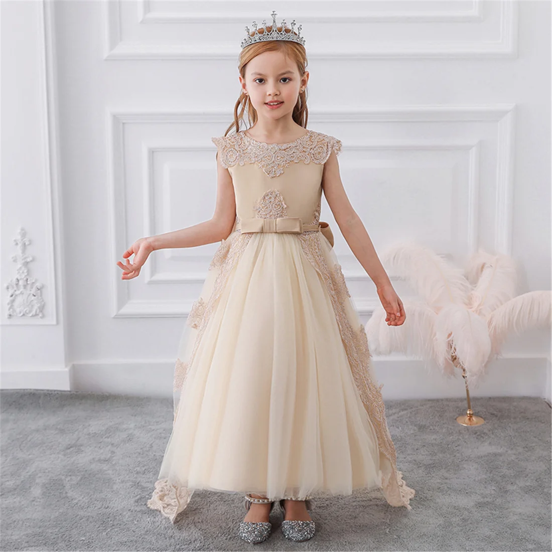 Girl Dresses Lace Bow Decal Embroidery Sleeveless Wedding Birthday Party Simple Child Bridesmaid Dress First Communion