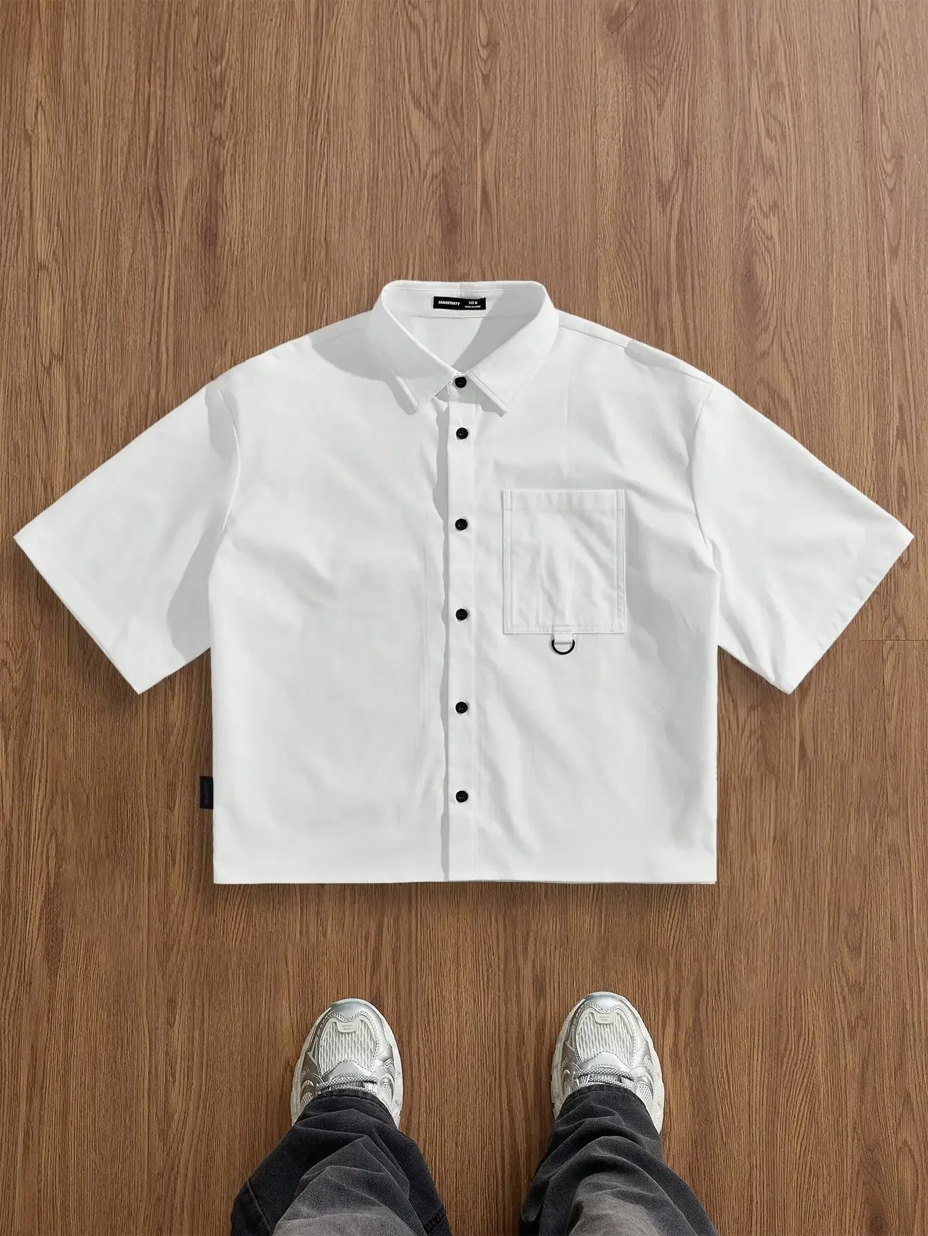 

Men's White Loose Fit Short Sleeve Woven Shirt with Chest Pocket