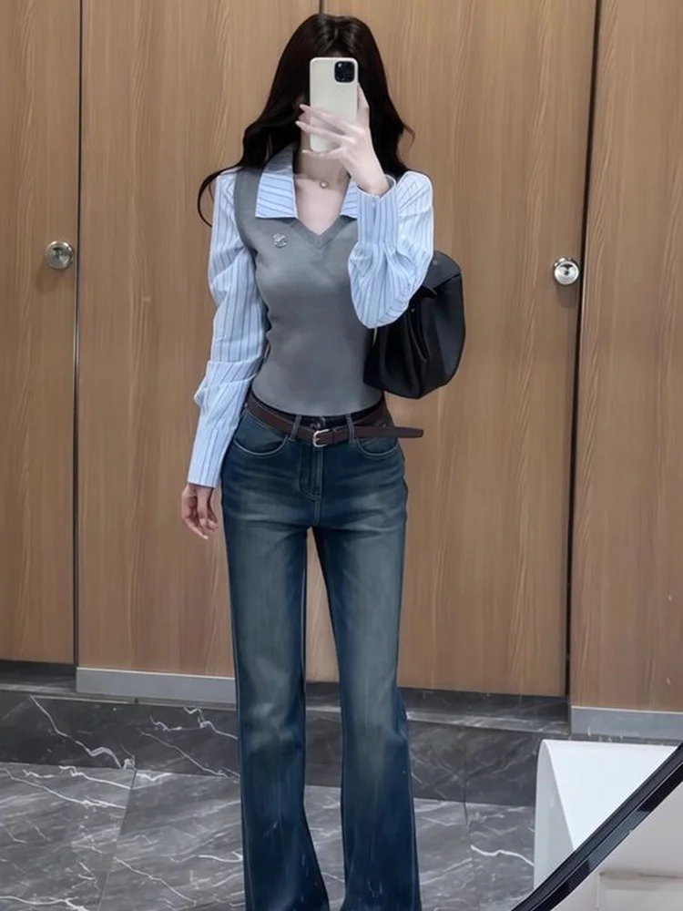 

Женский топ Sweet Spicy с длинным рукавом, отложным воротником, в полоску, с эффектом двухслойности, осенне-зимний, дизайнерский