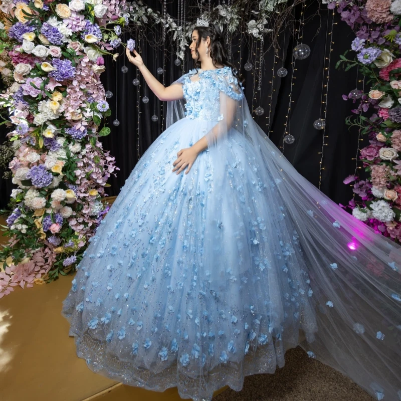 

Light Blue Shiny Ball Gown Quinceanera Dresses Sequin Applique Flower Beading Crystal With Cape Corset Off Shoulder Sweet 16