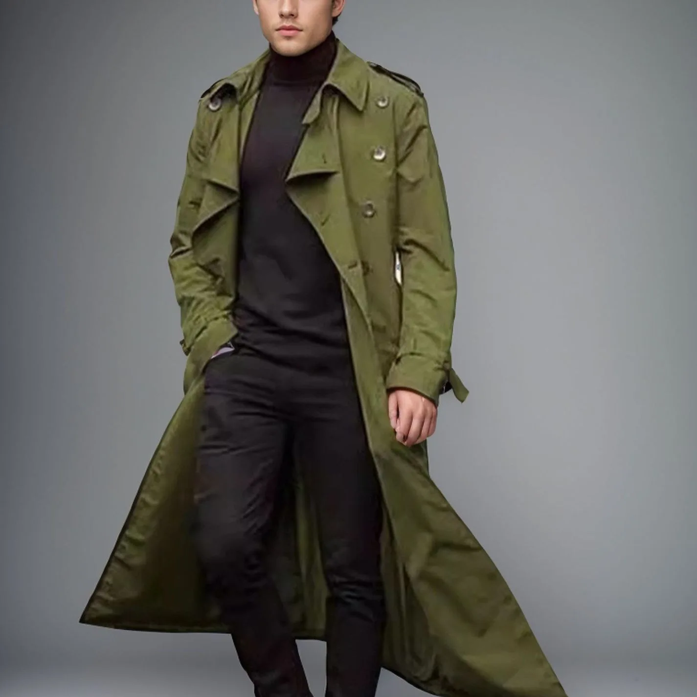 Mężczyźni Trench Turn Down Collar Long Coat Button Jackets Full Sleeve Casual Solid Coats Straight Pocket Male High Street 2024