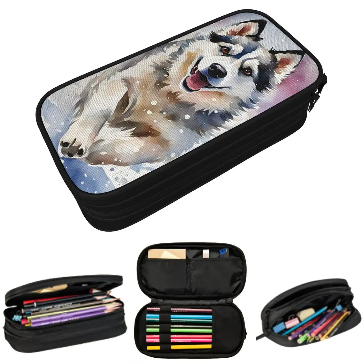 

Lovely Husky In The Snow Print Pencil Case for Kids School Pen Box Pencil Bag Stationery Supplies Pen Holder Bag